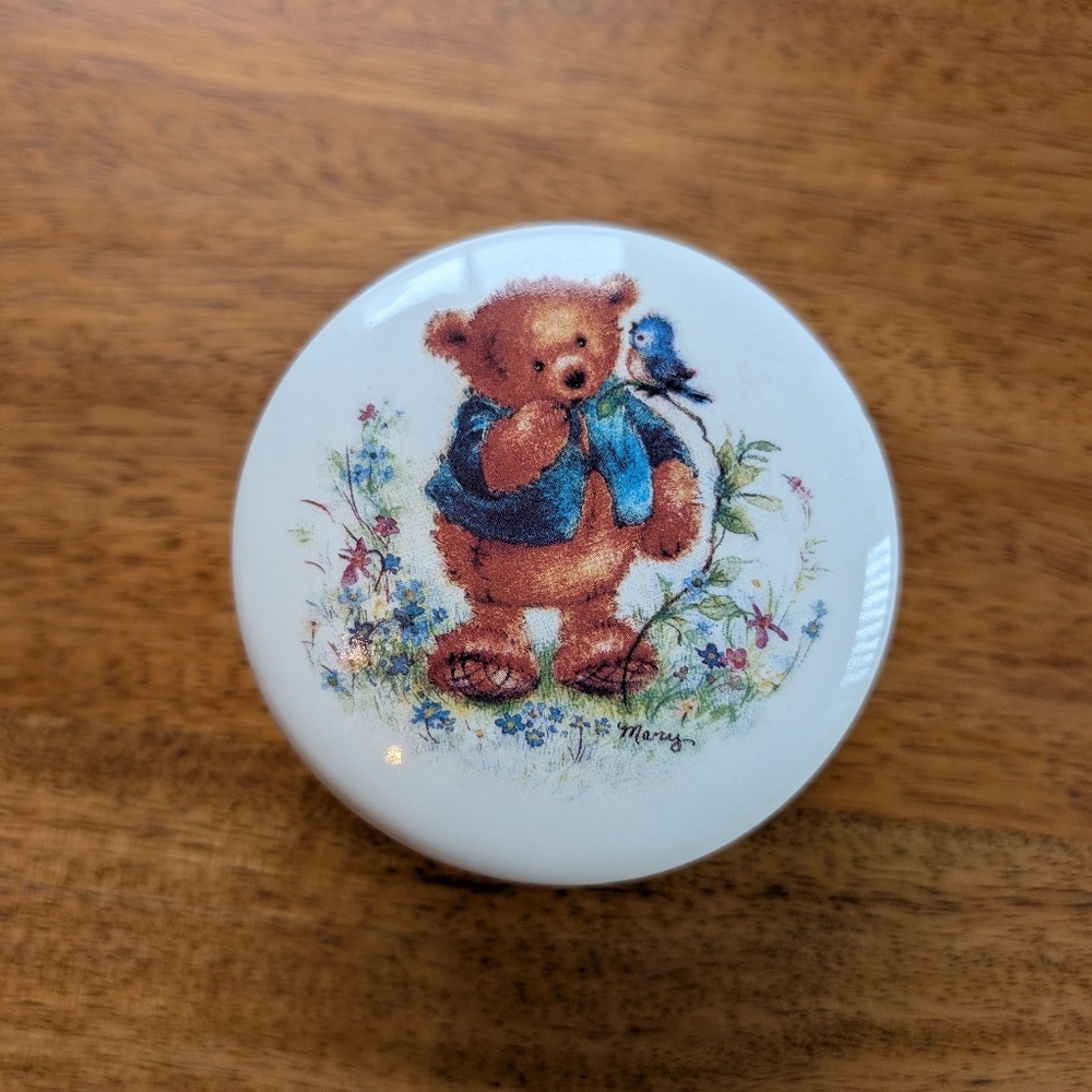 3" Diameter Charming Bear and Bluebird Trinket Box